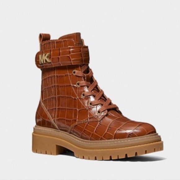 New Michael Kors Stark Chestnut 🌰 Crocodile Embossed Leather Combat Boot - Picture 2 of 3